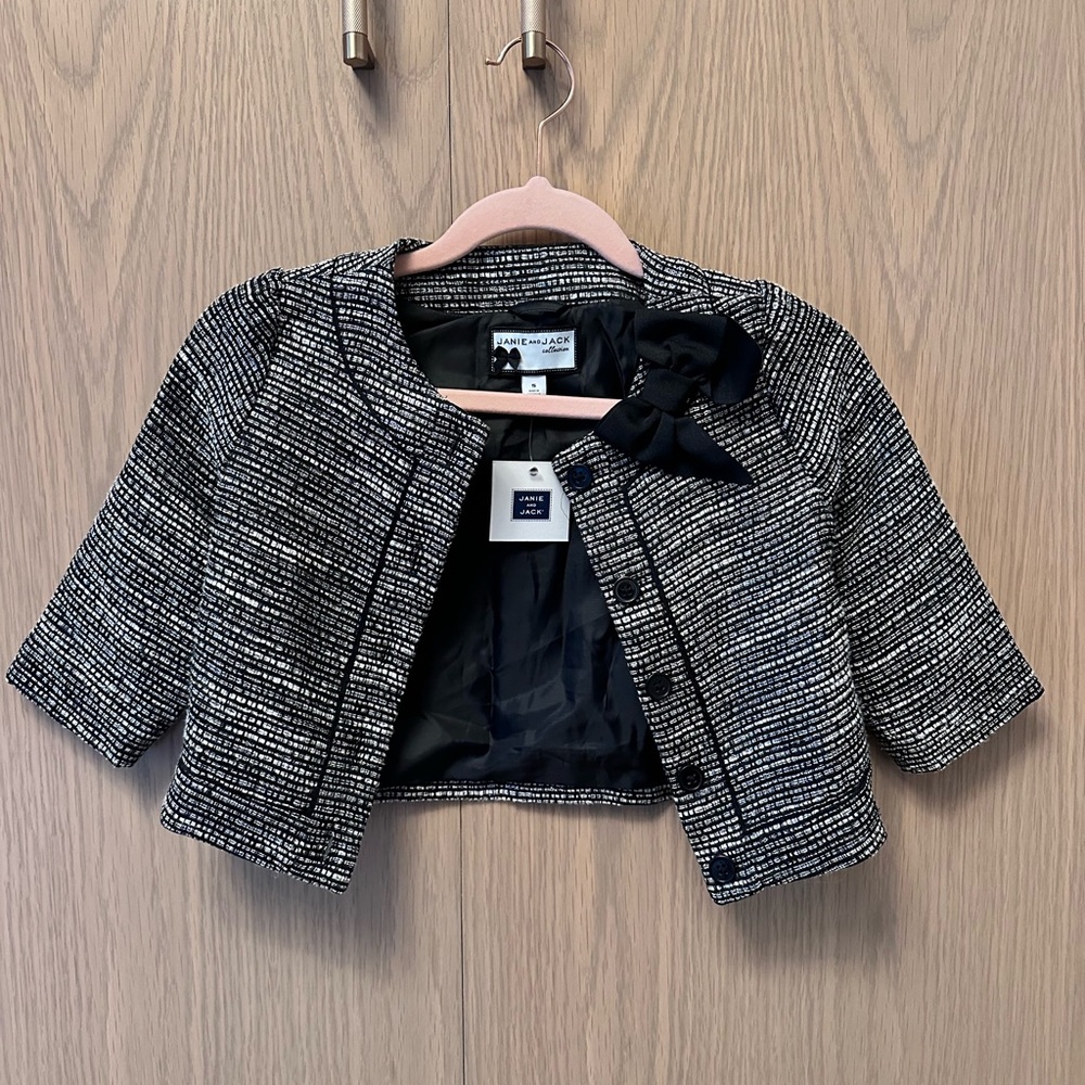 Janie and Jack Black & White Tweed Cropped Jacket with Bow